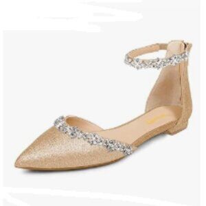 XYD Rose Gold-glitter Pointed Toe Rhinestones Ankle Strap D'Orsay Wedding Sandal